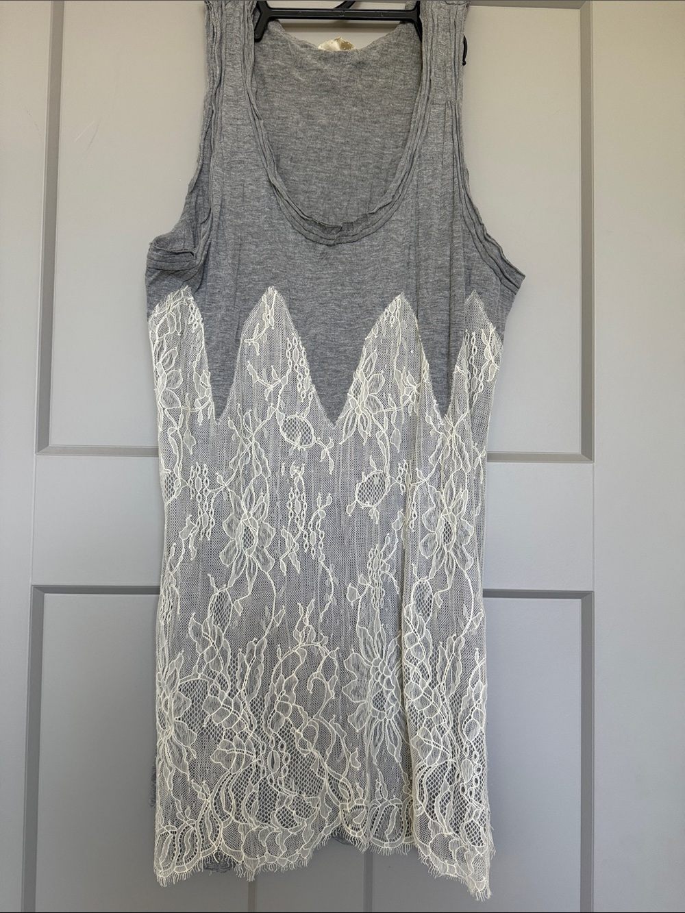 Women's Gray Tank Top with White Lace Overlay